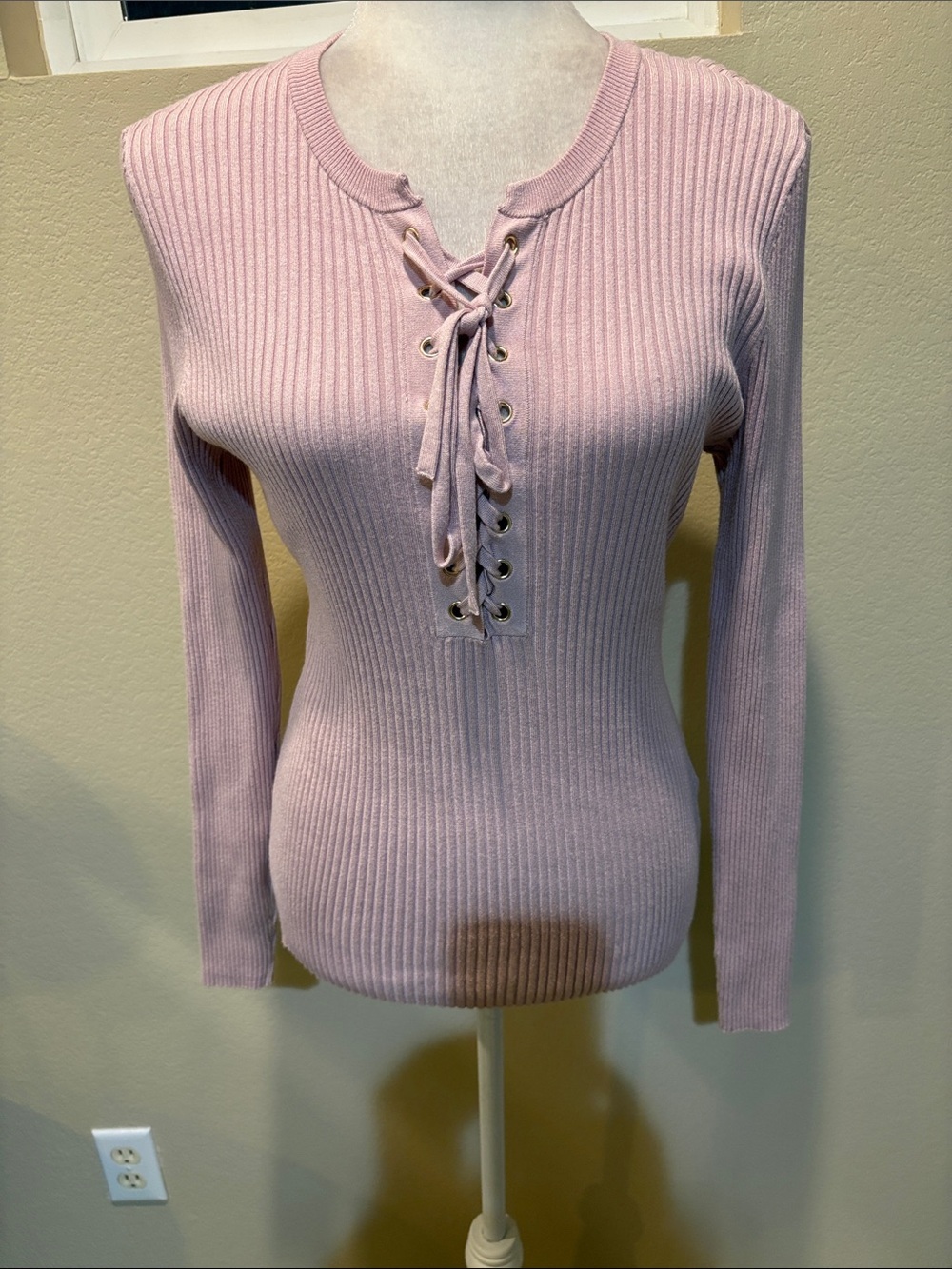 INC International Concepts Pink Ribbed Lace-Up Crewneck Sweater